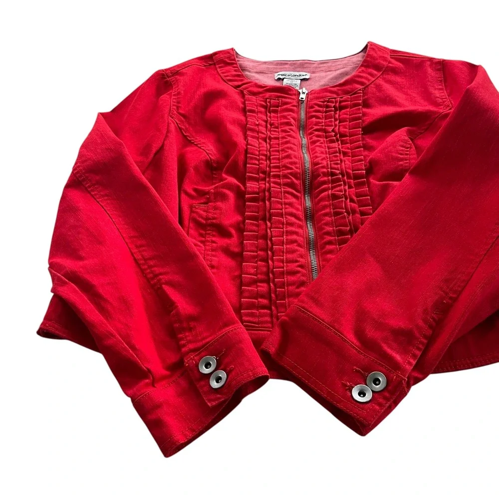 Jessica London Women 14 Red Denim Cotton Blend Full Zip Ruffle Front Jean Jacket